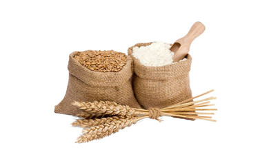 Heap of wheat and rice bags isolated on white background