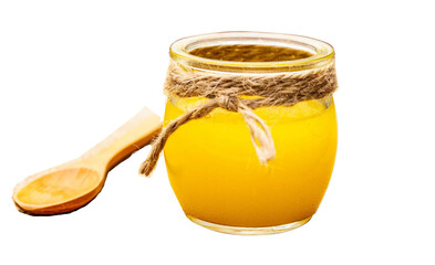 Glass jar of golden honey with lemon and spoon on white background