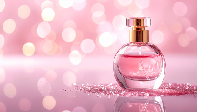 Elegant pink perfume bottle with gold cap, soft shimmering background, luxurious and feminine