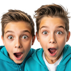 Two surprised boys with open mouths isolated on transparent background