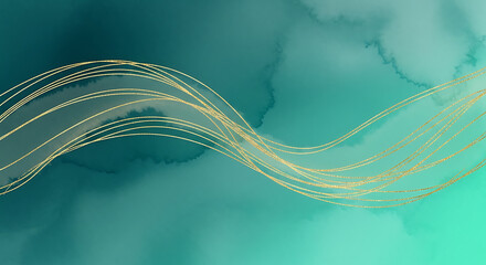 Elegant teal and gold background with abstract golden threads for stylish designs. This teal and gold background boasts intricate patterns and shimmering accents, creating visual interest.
