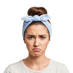 Young woman with light blue bow headband looking upset isolated on transparent background