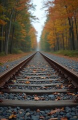 Fototapeta premium Railroad tracks pass through a dense autumn forest with yellow orange leaves on trees and ground. A long metal pathway leads into the hazy horizon.