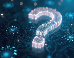 Digital question mark made of light particles floats over electronic circuit board. Data network shows complex abstract future tech design. Uncertainty in network systems.