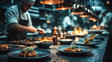 Chef Preparing Gourmet Dishes in Busy Restaurant Kitchen