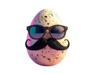 Whimsical easter egg with sunglasses and mustache on black background