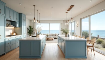 Coastal kitchen pale blue cabinetry with beach decor. Interior features island counters pendant lighting in open layout. Living area view of ocean. Design offers luxury, relaxation in waterfront home.