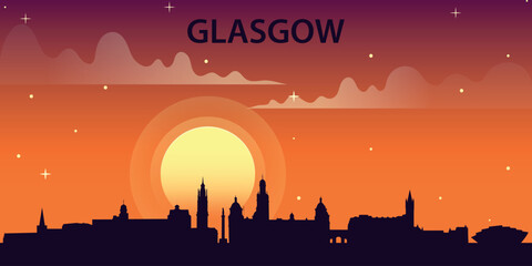 Obraz premium Stylized vector illustration of the silhouette of Glasgow against the backdrop of a bright sunset.