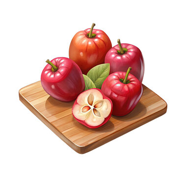 Still life illustration of wax apples on a cutting board against black backdrop