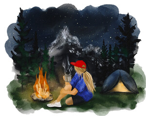 Night Camping Watercolor Illustration. Girl by the Fire. Night in the Forest