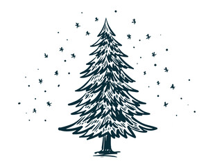 Green Christmas tree on white, hand drawn illustration	
