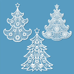 Christmas tree silhouette. Vector set template for laser, paper cutting. Decorative ornate illustration. Trees for cards, flyers, print. Modern design for winter holidays. Home decoration.