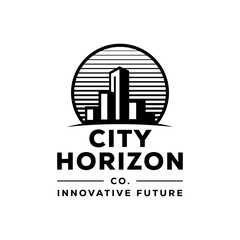 Fototapeta premium Contemporary logo featuring a stylized city skyline with a rising sun and horizontal lines, symbolizing innovation, growth, and urban development for modern companies. 