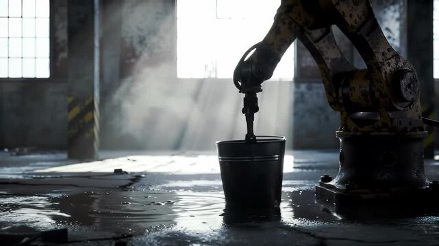 Pessimistic Industrial Robotic Arm Futilely Scooping Leaking Water with a Broken Bucket in an Abandoned Factory, Symbolizing an Endless, Hopeless Struggle.