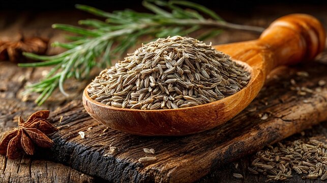 Close-up of fresh cumin seeds in wooden spoon with herbs - Powered by Adobe