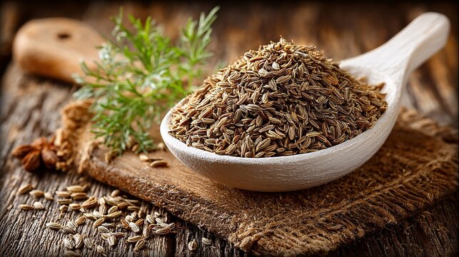 Close-Up of Cumin Seeds in Wooden Spoon on Rustic Background