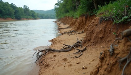 Muddy river flows past eroded sand banks with exposed roots and green forest. Water current shapes the wild shoreline under an overcast sky. Natural landscape shows earth erosion by water.