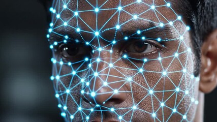 Close-up of a man's face with digital facial recognition technology overlay, showcasing data points - Powered by Adobe