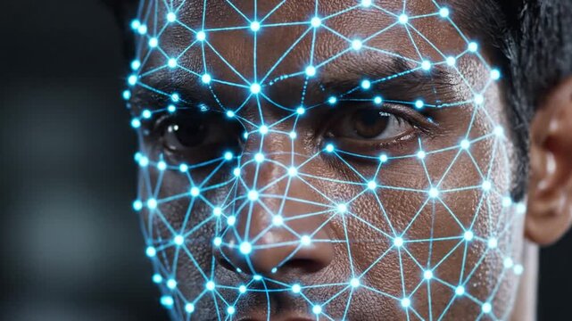 Close-up of a man's face with digital facial recognition technology overlay, showcasing data points - Powered by Adobe