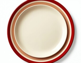 Round plate with beige center and red beige cream rim design. Clean mockup template for food presentation or menu graphic. Isolated white background object.