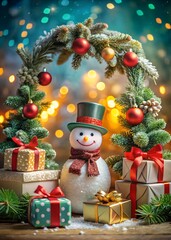 Festive snowman surrounded by christmas decorations and gifts on a wooden table