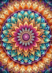 Colorful mandala art with intricate details and vibrant hues in a symmetrical design
