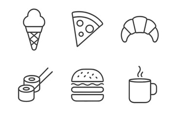 Variety of delicious foods and drinks including ice cream, pizza, and sushi presented in simple line art design