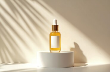 Naklejka premium Golden serum bottle with blank label stands on white podium. Leaf shadows fall on background. Elegant design for skincare cosmetic. Realistic presentation of luxury product for beauty industry