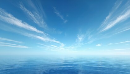 Obraz premium Vast blue ocean water with ripples reflects bright clear sky. Delicate cirrus clouds stretch across wide atmosphere. Distant horizon line creates calm, peaceful, open outdoor nature scene. Beautiful