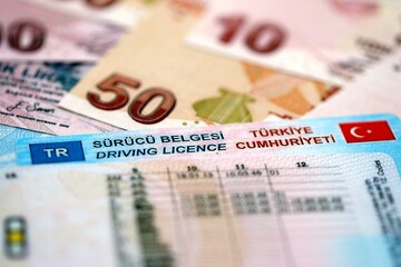 Turkiye driving permit concept. Driver license and turkish liras money bills close up