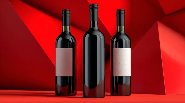Three elegant wine bottles with blank labels, positioned against a striking red geometric background, showcasing a modern and sophisticated aesthetic ideal for branding and design purposes - Powered by Adobe