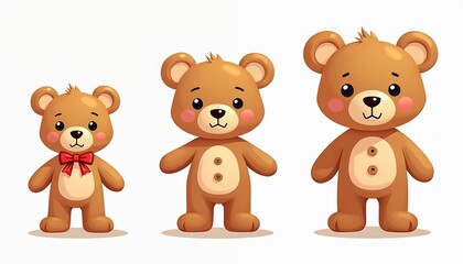 Fototapeta premium Three adorable cartoon teddy bears in collection. Smallest bear wears bright red bow tie. Two larger bears feature button details on plump brown bellies. Friendly stuffed toy animals, great for