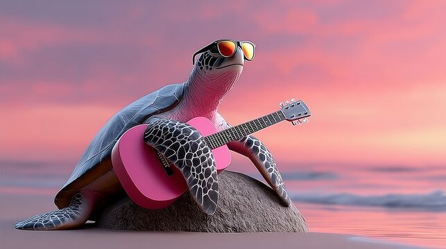 Cartoon turtle wearing sunglasses, playing a pink guitar on a rock by the beach during sunset, with vibrant colors in the sky and calm ocean waves creating a whimsical and joyful atmosphere