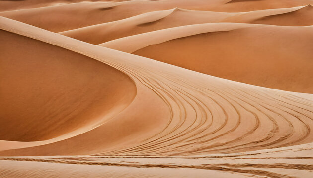 Curving, textured desert sand dunes with tire tracks in sunset light