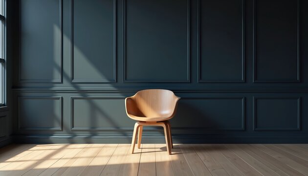 Single modern light wood chair sits against a dark teal paneled wall. Sunbeams stream through a window casting shadows on the light wood floor. Minimalist room decor.
