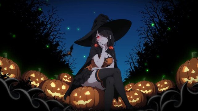 Animated anime girl in a witch costume sitting on a pumpkin, anime wallpaper