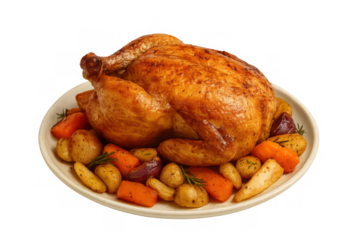 Whole roasted chicken with crispy skin and root vegetables on a plate, preparing sunday roast or holiday meal, transparent background