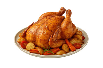 Roasted chicken served on platter with vegetables, a classic holiday meal for thanksgiving or christmas, transparent background