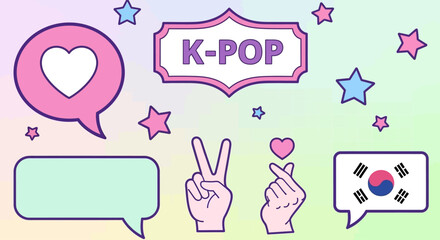 Vector set of colorful Korean pop culture fan art icons with hand gestures, hearts, stars, and speech bubbles