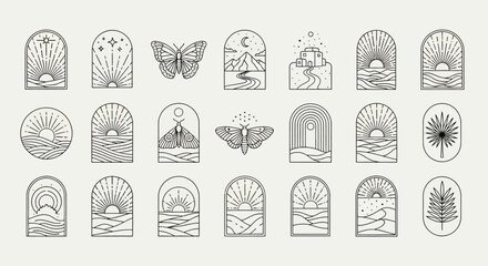Collection of boho line art symbols with celestial sun, moon, mystical moth, and minimal nature landscape logos for branding