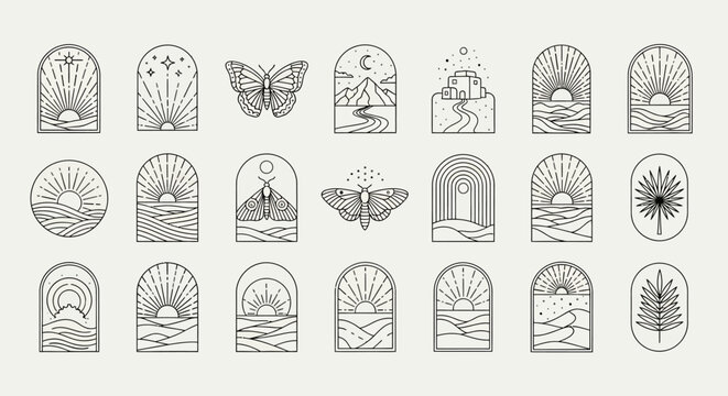 Collection of boho line art symbols with celestial sun, moon, mystical moth, and minimal nature landscape logos for branding