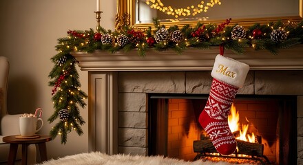 A festive Christmas stocking hangs by a cozy fireplace with a warm glowing fire.