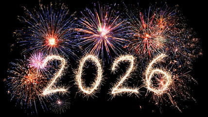 New Year's Eve 2026 with fireworks. 2026 written in a shiny font made of fireworks against the night sky. New Year's holiday. Fireworks in the sky. Happy New Year!
