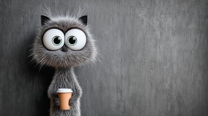 Cute cartoon character with large eyes, fluffy gray fur, holding a coffee cup, standing against a textured gray wall, evoking a sense of whimsy and charm in a playful illustration style