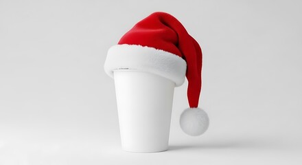 A white disposable cup wears a Santa hat, ready for holiday cheer and festive drinks.