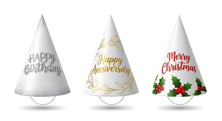 Party hats designed for birthdays, anniversaries, and Christmas celebrations.
