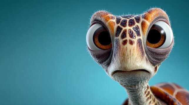 Realistic 3D illustration of a turtle with large expressive eyes, showcasing intricate shell patterns and textures, against a smooth gradient background, emphasizing marine life and underwater themes