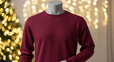 A maroon long-sleeved t-shirt is displayed on a mannequin with a bokeh background.