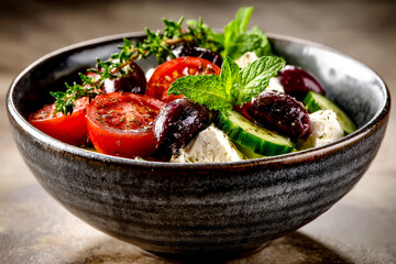 A close-up of a fresh greek salad with sliced tomatoes, kalamata olives, feta cheese, and mint in a bowl.