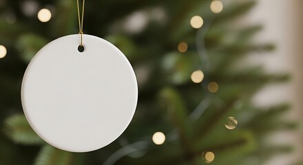 A blank circular ornament hangs from a decorated Christmas tree with bokeh lights.